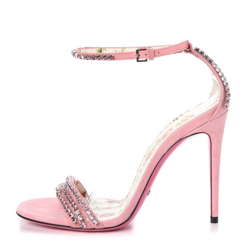 RARE authentic gucci “kid scamosciato” crystal strap ankle heel in light pink